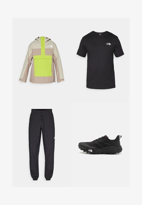 Casaco leve com capuz, apresentando um design em bloco de cores bege e verde claro. Inclui um bolso frontal e punhos elásticos.; T-shirt preto de manga curta feito de algodão, com um decote redondo e um pequeno logótipo branco na parte superior esquerda do peito.; Calças atléticas pretas feitas de tecido leve, com um cós ajustável por cordão, bolsos laterais e punhos afunilados nos tornozelos.; Sapatilha de trail running preta com um upper texturizado, sola de borracha e biqueira reforçada. Possui um colarinho acolchoado e uma alça para facilitar o calçar.