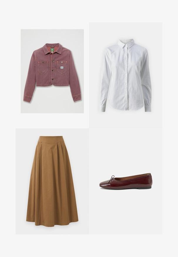 Geribde jasje in rood en wit met een cropped pasvorm, voorzien van twee borstzakken en een knoopsluiting, met een merketiket zichtbaar aan de linkerkant.; Witte overhemd met knopen van glad katoen, met een klassieke kraag, lange mouwen en een afgeronde zoom. De knopen zijn klein en wit.; Bruine katoen A-lijn rok met een hoge taille, voorzien van plooien aan de voorkant en een gladde textuur. De zoomafwerking is schoon en eenvoudig.; Bordeaux gepatenteerd lederen ballerina met een ronde neus, een klein strikaccent aan de voorkant en een lage, zwarte rubberen zool. Glad textuur.