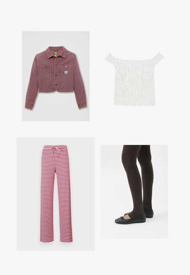 Przycięta kurtka w czerwono-białe paski z kordurowego materiału, z dwiema kieszeniami na piersi i zapięciem na guziki, z widoczną metką marki po lewej stronie.; Biała bluzka bez rękawów z falbaniastymi akcentami, zebranym teksturą i elastycznym paskiem w talii. Wykonana z miękkiej bawełnianej tkaniny.; Luźne spodnie w czerwono-białe paski, z elastycznym paskiem w talii i prążkowaną teksturą. Prosty krój nogawki sięga długości kostki.; Czarne płaskie buty z małym kokardkowym detalem na palcach, zestawione z ciemnobrązowymi rajstopami w prążki. Buty mają gładką teksturę i niski profil.