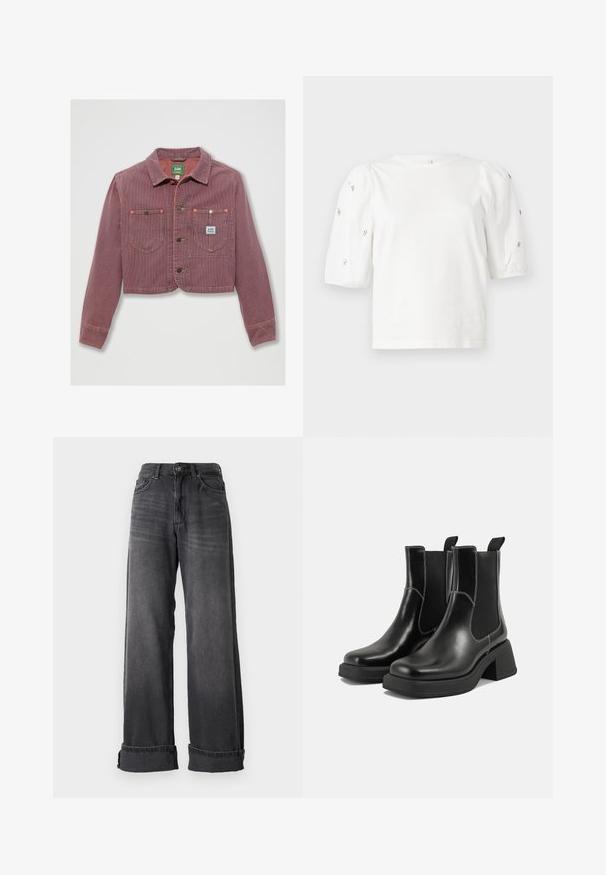 Kratka rdeča in bela črtasta jakna iz kordovca, z dvema žepoma na prsih in gumbom za zapiranje, z vidno oznako blagovne znamke na levi strani.; Bela bombažna majica s kratkimi rokavi s pufastimi rokavi, ki ima majhne srebrne okrase vzdolž rokavov. Klasičen okrogel izrez, sproščen kroj.; Široke hlače iz temno sive denima, z visokim pasom, petimi žepi in zavihanimi manšetami za dodaten detajl. Gladka tekstura z rahlimi bledi.; Črne usnjene Chelsea škornje s širokim petami, elastičnimi stranskimi ploščami in kontrastnim belim šivanjem. Teksturirana površina.
