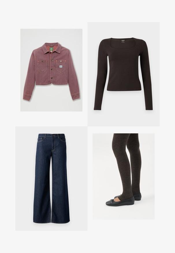 Afklippet jakke med røde og hvide striber lavet af kordfløjl, med to brystlommer og knaplukning, med mærketøj synligt på venstre side.; Sort langærmet, tætsiddende top med firkantet halsudskæring, mærket GAP, præsenteret mod en hvid baggrund.; Bredde ben jeans i mørkeblå denim. Har kontrastsyninger, fem lommer og en knaplukning i taljen. Glat tekstur.; Sorte flade sko med en lille sløjfedetalje ved tåen, parret med mørkebrune ribbede strømpebukser. Skoene har en glat overflade og lav profil.
