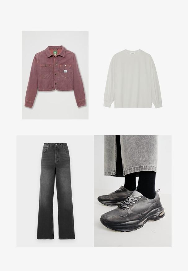 Lyhyt punavalkoraitainen corduroy-takki, jossa on kaksi rintataskua ja napitus, ja tuotetagi näkyvillä vasemmalla puolella.; Harmaa pitkähihais t-paita, joka on valmistettu pehmeästä puuvillasta. Ominaisuuksiin kuuluvat rento istuvuus, pyöreä kaula-aukko ja hienosti rypytetyt hihansuut. Ei kuvioita tai grafiikkaa.; Korkeavyötäröiset, leveälahkeiset farkut, tehty tummasta harmaasta denimestä. Ominaisuuksiin kuuluu klassinen viiden taskun muotoilu ja ommellut helman yksityiskohdat.; Musta ja harmaa urheilukengät sisältävät verkkomateriaalista valmistetun päällisen, paksut pohjat ja nauhat. Kenkien kärki on pyöristetty ja niissä on näkyvää pehmustusta.