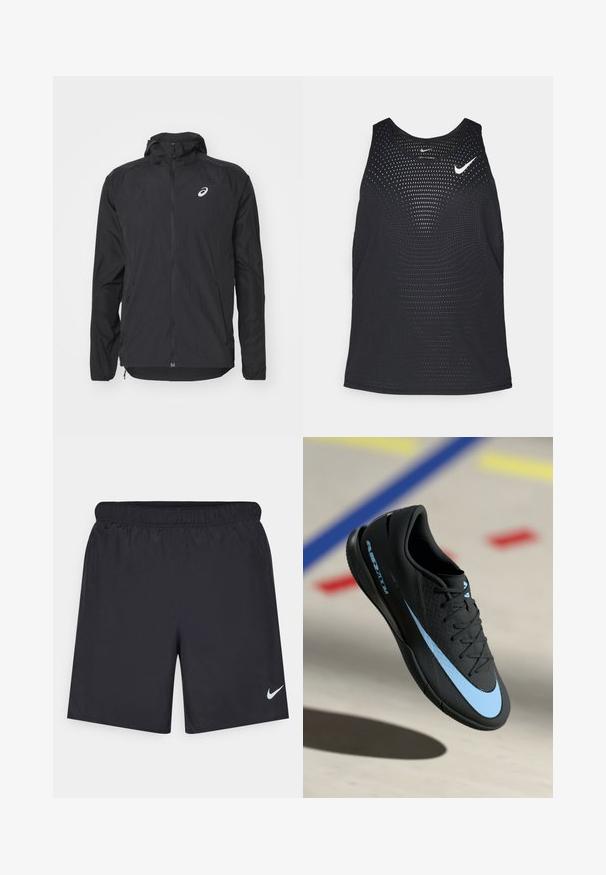 Μαύρο ελαφρύ μπουφάν με κουκούλα, μπροστινό φερμουάρ, μακριά μανίκια και ανακλαστικό λογότυπο στο επάνω αριστερό μέρος του στήθους. Λείο υλικό και κομψός σχεδιασμός.; Μαύρο αθλητικό αμάνικο μπλουζάκι με διάτρητη υφή και στρογγυλή λαιμόκοψη. Διαθέτει λευκό λογότυπο Nike στο στήθος.; Μαύρες αθλητικές βερμούδες από ελαφρύ υλικό με ελαστική μέση. Διαθέτουν ένα μικρό λευκό λογότυπο Nike στην κάτω αριστερή πλευρά.; Μαύρο αθλητικό παπούτσι με μπλε λεπτομέρειες, υφή στην επιφάνεια, σχέδιο με κορδόνια και χαρακτηριστικό λογότυπο Nike. Λαστιχένια σόλα με σχέδια πρόσφυσης.