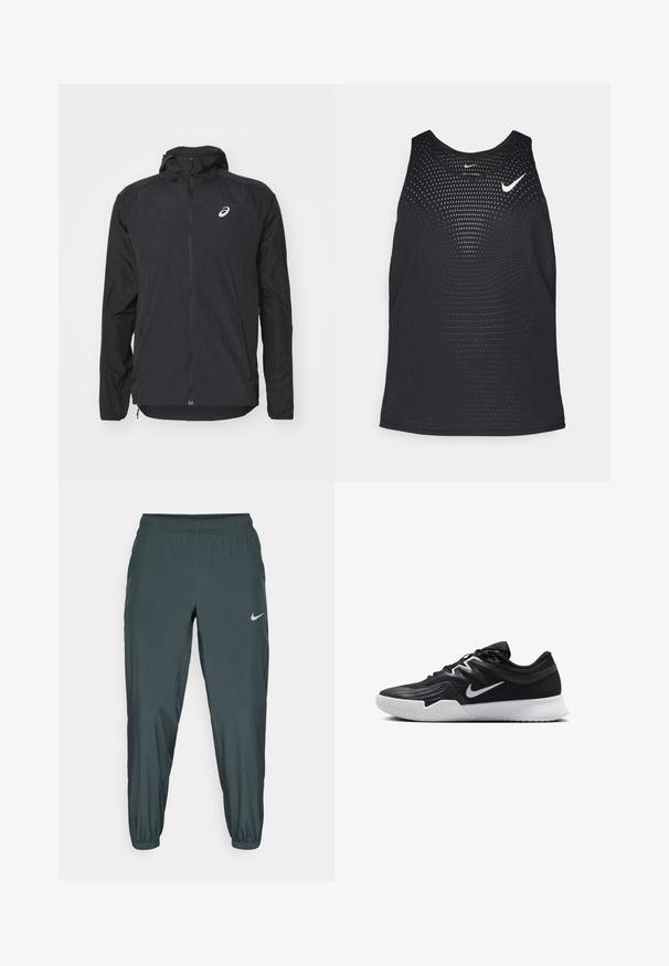 Veste légère noire avec capuche, fermeture éclair à l'avant, manches longues et logo réfléchissant sur le coin supérieur gauche de la poitrine. Texture lisse et design épuré.; Débardeur de sport noir avec une texture perforée et un col rond. Présente un logo Nike blanc sur la poitrine.; Pantalons de survêtement Nike en vert foncé, dotés d'une taille élastique, d'une coupe fuselée et d'un logo réfléchissant subtil sur le côté.; Chaussure de sport noire avec une tige texturée, un swoosh blanc de Nike et une semelle extérieure en caoutchouc blanc. Elle présente un design à lacets et une forme dynamique.