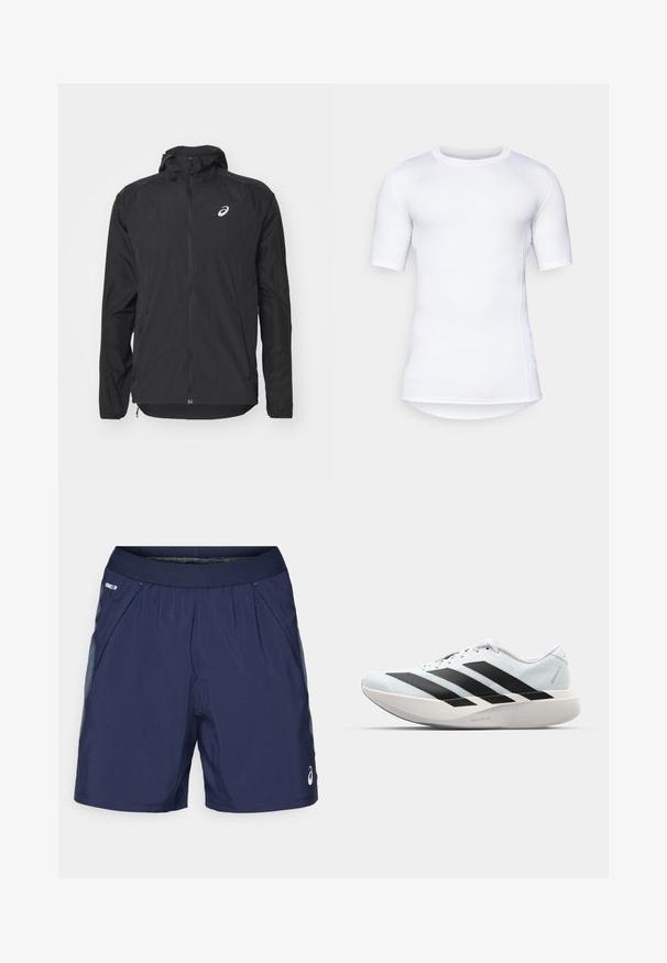 Veste légère noire avec capuche, fermeture éclair à l'avant, manches longues et logo réfléchissant sur le coin supérieur gauche de la poitrine. Texture lisse et design épuré.; T-shirt de performance à manches courtes blanches, fabriqué en matériau extensible. Il présente un col rond et des coutures à plat pour le confort et un design ajusté.; Shorts de sport bleu marine avec taille élastique, poches latérales et accents gris clair. Fabriqués en tissu léger et lisse pour le confort.; Baskets de course légères en bleu pâle avec des rayures noires. Elles présentent un dessus lisse, un embout rond et une semelle intermédiaire blanche épaisse étiquetée "LIGHTSTRIKE PRO".