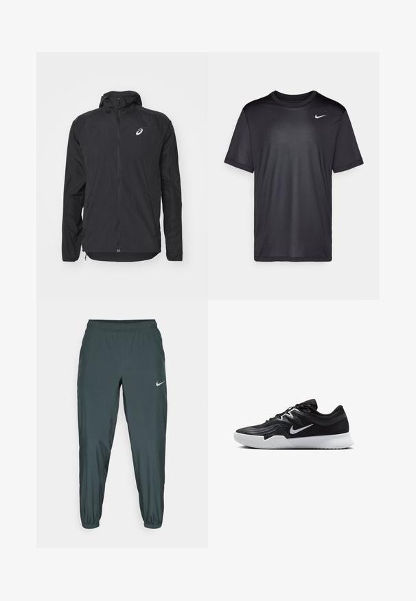 Giubbotto leggero nero con cappuccio, zip frontale, maniche lunghe e logo riflettente sulla parte superiore sinistra del petto. Texture liscia e design snello.; Maglietta atletica nera a maniche corte, con collo rotondo, realizzata in tessuto liscio. Presenta un piccolo logo Nike bianco sulla parte superiore sinistra.; Pantaloni da jogging Nike in verde scuro, con vita elastica, forma a gamba affusolata e un discreto logo riflettente sul lato.; Scarpa sportiva nera con tomaia testurizzata, logo Nike swoosh bianco e suola in gomma bianca. Presenta un design con lacci e una forma dinamica.