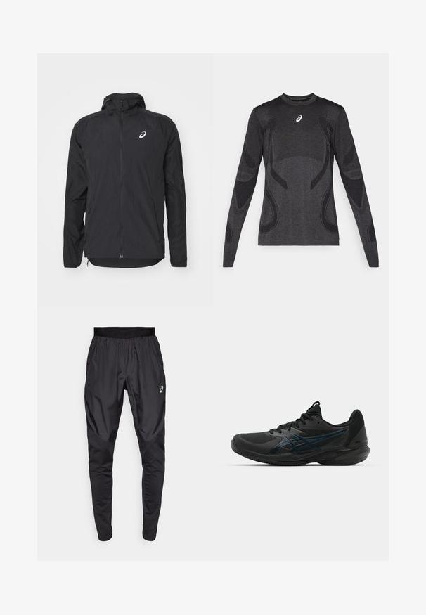 Veste légère noire avec capuche, fermeture éclair à l'avant, manches longues et logo réfléchissant sur le coin supérieur gauche de la poitrine. Texture lisse et design épuré.; Haut de sport à manches longues en gris foncé, avec des accents de design texturé en gris clair. Encolure ronde avec logo sur la poitrine.; Pantalons de sport noirs avec une taille élastique, des poches latérales et des panneaux de texture contrastée sur les jambes. Logo Asics sur la hanche.; ASICS SOLUTION SPEED FF 3 CLAY - Chaussures de tennis pour terre-battueerre battue - black/prism blue