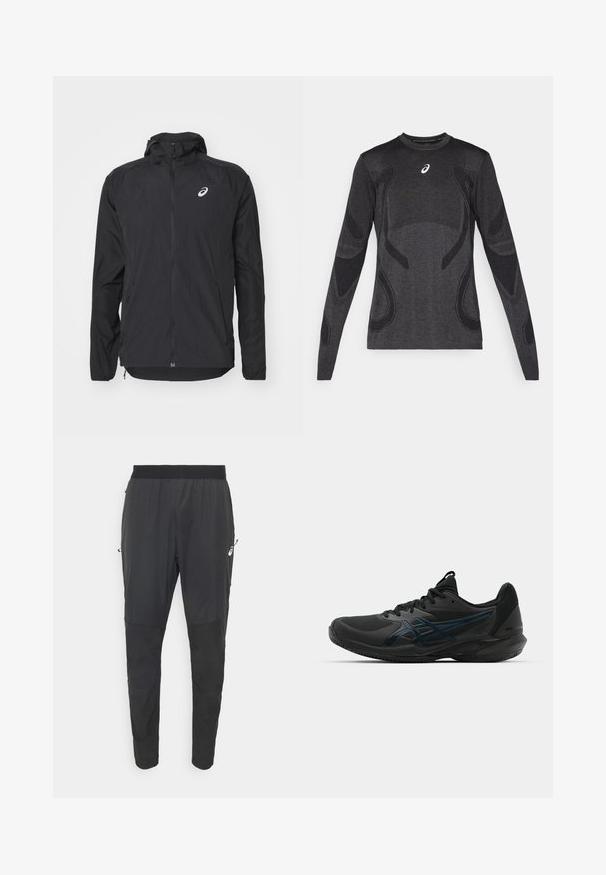 Černá lehká bunda s kapucí, zipovým předním zapínáním, dlouhými rukávy a reflexní logem na horní levé části hrudi. Hladká textura a aerodynamický design.; Dlouhý rukáv sportovní top v tmavě šedé barvě, s texturovanými designovými akcenty v světle šedé. Kulatý výstřih s logem na hrudi.; Černé sportovní kalhoty vyrobené z lehkého, voděodolného materiálu, s tapered střihem, elastickým pasem a postranními kapsami na zip.; ASICS SOLUTION SPEED FF 3 CLAY - Tenisové boty na antuku - black/prism blue