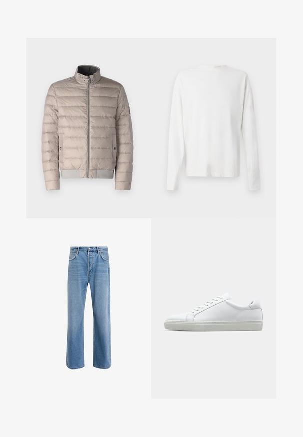 Belstaff CIRCUIT - Dunjacka - chrome grey; Vit långärmad skjorta i bomull med rund halsringning, sidofickor längst ner och en slät yta, visad bakifrån.; Ljust blå denimjeans med rak passform, fem fickor, knappstängning, minimal blekning och kontrasterande sömdetaljer.; Vit sneaker med en slät läderövre och låg profil. Har en rundad tå, sex snörhål och en strukturerad gummisula.