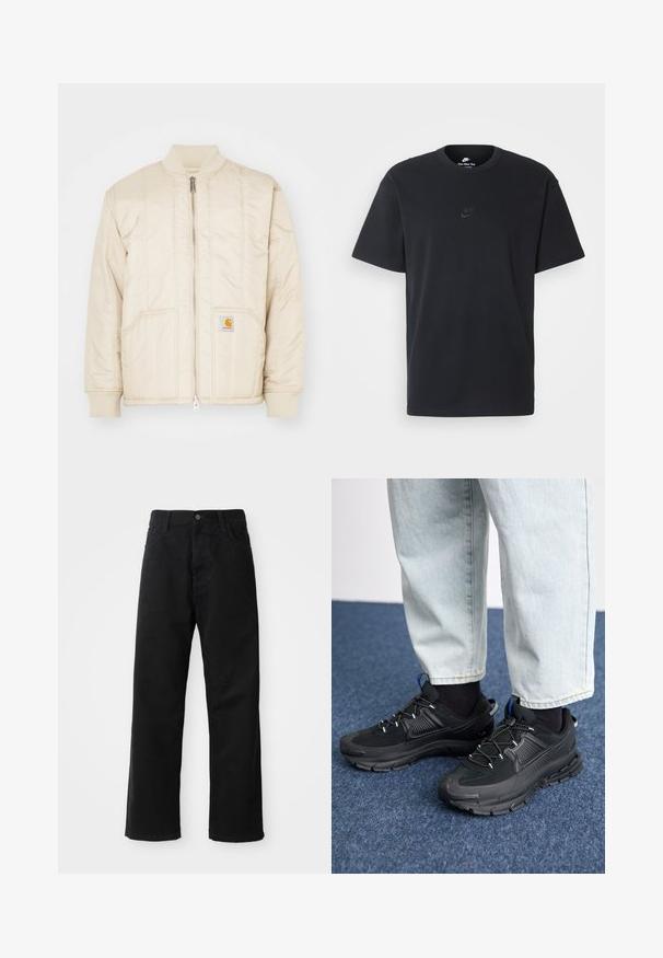 Gaišbeidzis bumbvedējs ar priekšējo rāvējslēdzēju, ribotu apkakli un aprocēm, divām kabatām un vertikālām šuvēm. Carhartt logo uz kabatas.; Nike melns kokvilnas T-krekls ar klasisku piegriezumu, īsām piedurknēm un smalku, reljefu logotipu uz krūškurvja. Gluda tekstūra.; Melnas džinsu bikses ar taisnu griezumu, ar priekšējiem kabatām, rāvējslēdzēju un vienu augšējo pogu. Tekstūrēta auduma matēta virsma.; Melni sporta apavi ar strukturētu audumu un gumijas zoli, ar elastīgām auklām un zilu akcentu uz papēža. Nēsāti ar gaišām džinsu biksēm.
