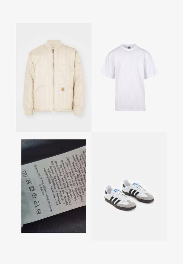 Bomber jacket color beige chiaro con zip frontale, colletto e polsini a coste, due tasche e motivi di cucitura verticali. Logo Carhartt sulla tasca.; T-shirt bianca in cotone con scollatura a girocollo, maniche corte e vestibilità rilassata. Presenta un design semplice senza motivi o accenti.; Etichetta con testo multilingue, simboli di cura e icone di riciclo, stampata su un materiale morbido simile a stoffa di colore chiaro.; Scarpe sportive con tomaia in pelle bianca, punta in suede grigia e tre strisce nere. Presentano un logo blu sulla linguetta e una suola in gomma testurizzata.