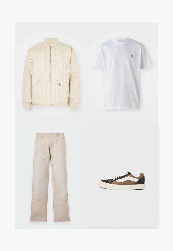 Svetlo bež bomber jakna s sprednjim zadrgo, rebrastim ovratnikom in manšetami, dvema žepoma in navpičnimi šivi. Carhartt logo na žepu.; Bela bombažna majica s kratkimi rokavi, krožnim ovratnikom, z majhnim zlatim logotipom na levem prsnem predelu. Mehka tekstura in običajen kroj.; Bež hlače iz bombaža s ravnim krojem, ki imajo dva sprednja žepa in dva zadrževalna okrasna dodatka. Izpostavljeni so zlati dodatki.; Črne in rjave teniske z belimi poudarki, platneni material, nizka zasnova, okrogla prstna konica in bež gumijast podplat. Imajo kontrastne šive.