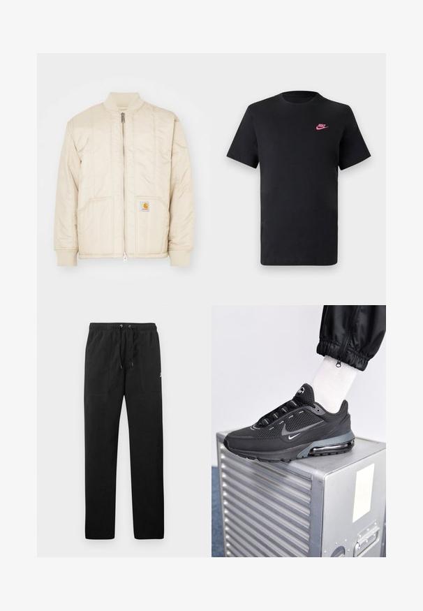 Hellbeige Bomberjacke mit einem Frontreißverschluss, geripptem Kragen und Bündchen, zwei Taschen und vertikalen Nähmustern. Carhartt-Logo auf der Tasche.; Schwarzes Baumwoll-T-Shirt mit rundem Ausschnitt und kurzen Ärmeln. Mit einem pinken Nike-Logo auf der oberen linken Seite. Glatte Textur.; Schwarze Sweatpants aus Fleece, mit einem elastischen Bund mit Kordelzug, zwei Fronttaschen und einem kleinen Logo auf dem Oberschenkel.; Nike Sportswear PULSE - Sneaker low - black/anthracite