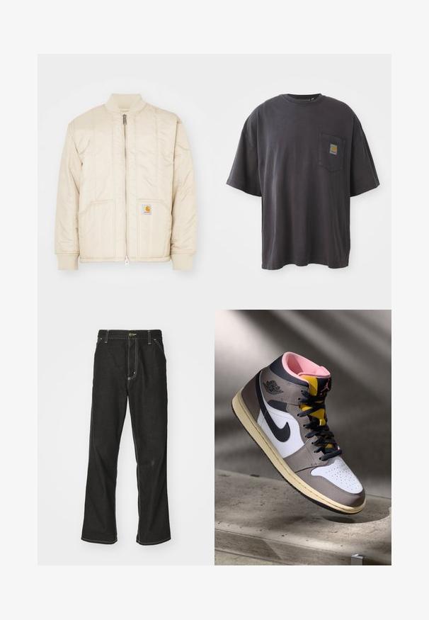 Light beige bomber jacket with a front zipper, ribbed collar and cuffs, two pockets, and vertical stitching patterns. Carhartt logo on pocket.; Black cotton t-shirt with short sleeves, a round neckline, and a left chest pocket featuring a square logo patch. Simple and unembellished design.; Black denim jeans with a loose fit, featuring contrasting white stitching, a button closure, and a straight leg design.; High-top Nike Air Jordan sneaker in white, grey, and black with pink interior and yellow tongue, positioned on a concrete surface.
