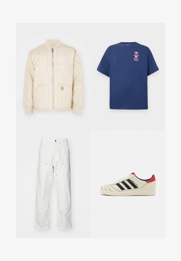 Bomber jacket color beige chiaro con zip frontale, colletto e polsini a coste, due tasche e motivi di cucitura verticali. Logo Carhartt sulla tasca.; T-shirt in cotone blu navy con maniche corte, colletto rotondo e design grafico rosa che presenta il logo Adidas e un motivo ananas sul petto.; Pantaloni cargo bianchi in cotone con vestibilità rilassata. Tra le caratteristiche ci sono tasche frontali, dettagli in metallo dorato e sezioni rinforzate sulle ginocchia.; Sneakers in pelle crema con strisce nere, dettagli rossi sul tallone e texture particolari. Presentano una suola in gomma e chiusura con lacci.