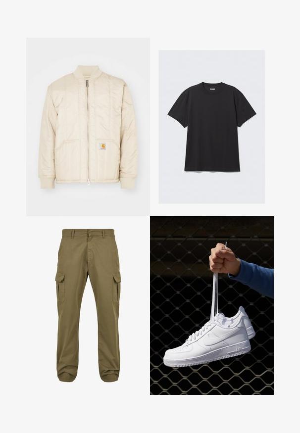Svijetlosmeđa bomber jakna s prednjim patentnim zatvaračem, rebrastim ovratnikom i manžetama, dva džepa i okomitima šavovima. Carhartt logotip na džepu.; Crna majica kratkih rukava od pamuka. Ima okrugli izrez i opušteni kroj. Jednostavan dizajn bez vidljivih uzoraka ili akcentskih detalja.; Zelene cargo hlače s ravnim krojem, od pamučnog materijala, bočnim džepovima i dugmetom za zatvaranje radi funkcionalnosti. Glatka tekstura, ležeran dizajn.; Bijele kožne tenisice s perforacijama, okruglim vrhom, ravnim potplatom i debelim vezicama, s vidljivim swoosh logom i natpisom "AIR" na peti.