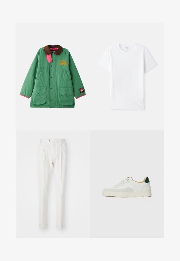 Grøn isoleret jakke med brun krave, pink detaljer, to forlommer og broderet gul tekst på venstre side.; Hvid bomulds t-shirt, rund halsudskæring, korte ærmer, glat tekstur, ingen mønstre eller accenter, simpel design, standard pasform.; Hvide, skræddersyede bukser med flad front, to folder og opretterede manchetter. Fremstillet af et glat stof med en knaplukning i taljen.; Hvide sneakers med ruskindsdetaljer, rund tå, flade snørebånd og en cremet gummisål. Har grøn branding på hælen.