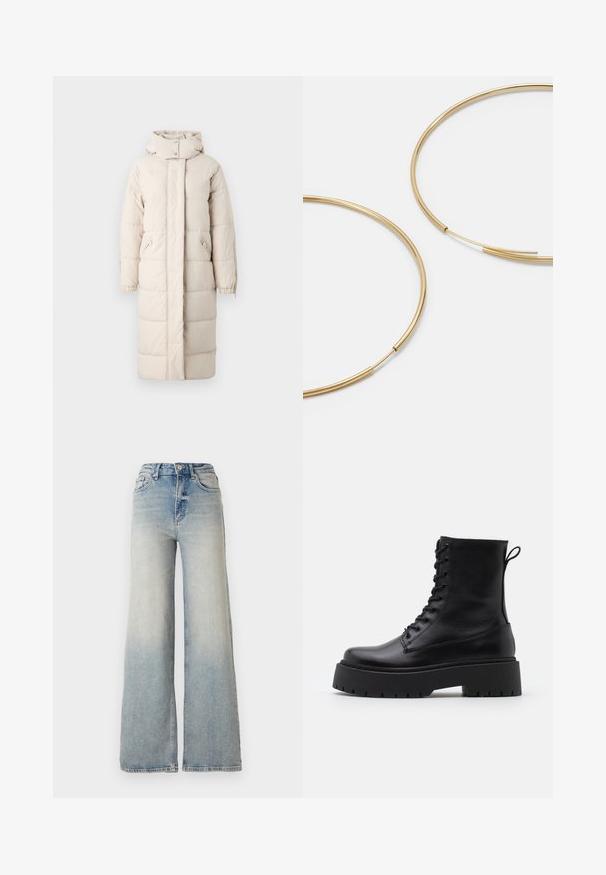 Dolga podložena bunda v svetlem bež odtenku, z visokim ovratnikom, žepom na zadrgo in elastičnimi manšetami za udobno prileganje.; Vero Moda VMNEWCREAM FUNNELNECK PULLOVER - Pulover - black/birch; Svijetloplave široke traperice s visokim strukom, koje imaju pet džepova i vidljivo šivanje uz šavove.; Črne usnjene gležnjarje z okroglo konico, vezalnim sprednjim delom in debelim gumijastim podplatom z teksturiranim profilom. Zanka na hrbtni strani.; Zlate obroče ušesne uhane, tanke in krožne oblike, z gladko kovinsko površino brez okrasnih elementov ali vzorcev.