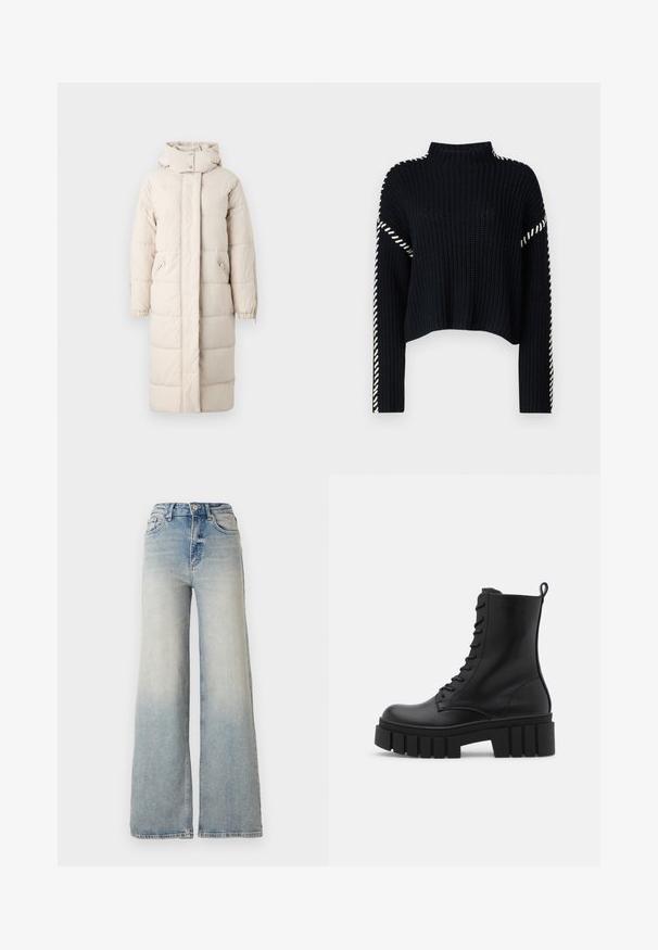 Lang polstret frakk i lys beige, med høy krage, glidelåslommer på siden og elastiske ermer for en tett passform.; Vero Moda VMNEWCREAM FUNNELNECK PULLOVER - Strikkegenser - black/birch; Lyseblå vide jeans laget av denim, med høy midje, fem lommer og synlige sømmer langs sømmene.; Svart lær ankelstøvel med tykk, rillet såle, snøring foran og trekkstang på jevn hvit bakgrunn.