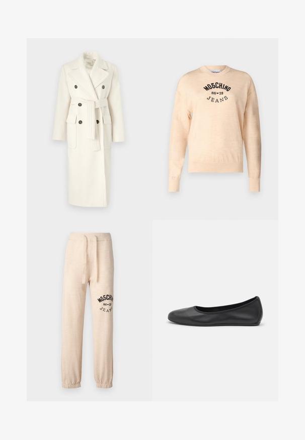 MAX&Co. LAMBRO - Classic coat - wollweib; Light beige sweater made of a soft knit, featuring a round neckline, long sleeves, and a black embroidered logo with the text "Moschino Jeans."; Beige sweatpants with elastic cuffs and waistband. Features a black printed logo "MOSCHINO 86 ❤ 23 JEANS" on the left thigh. Soft texture.; Black leather ballet flat with a rounded toe, smooth texture, minimal stitching detail, and a flexible sole design.