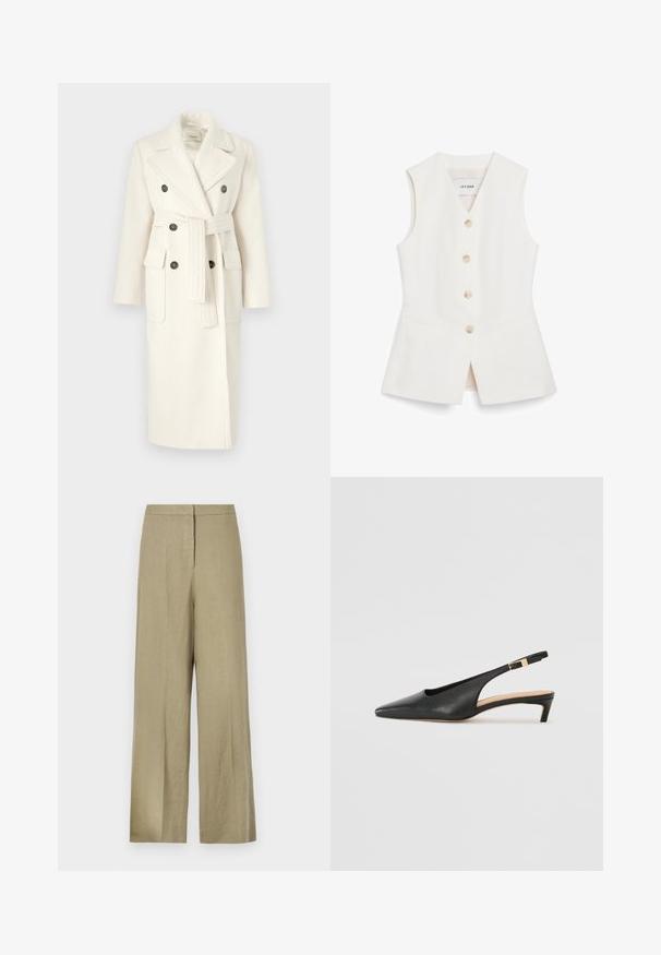 MAX&Co. LAMBRO - Klasický kabát - wollweib; Biele bezrukávové tričko s priliehavým strihom, šiestimi okrúhlymi gombíkmi a dvoma prednými vreckami. Vyrobené z hladkého materiálu s čistým povrchom.; Svetlozelené, široké nohavice vyrobené z ľanu. Majú vysoký pás a čistý predný dizajn s jedným prekladaním.; Čierne kožené sandále na podpätku s špicatou špičkou, nízkym podpätkom a nastaviteľným členkovým remienkom s pozlátenou prackou. Hladký povrch.