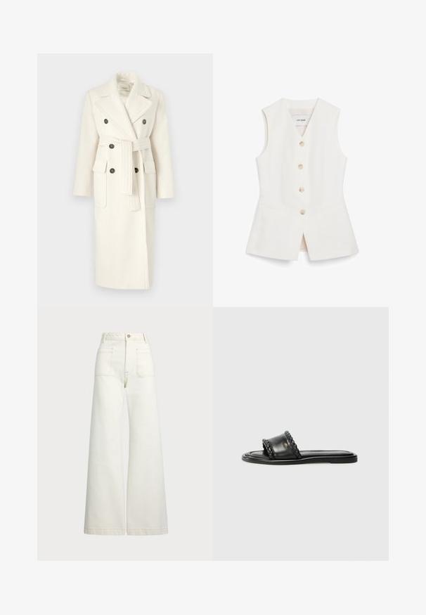 MAX&Co. LAMBRO - Klasikinis paltas - wollweib; Balta be rankovių liemenė su prigludusia forma, šešiais apvaliais mygtukais ir dviem priekinių kišenėlių. Pagaminta iš lygaus audinio su švariu apdaila.; Plati kojinės džinsai of white denimo. Aukštas liemuo, su mygtuko uždarymu, dviem priekinėmis kišenėmis ir kontrastingai siuvinėjimu.; Juodos odinės šlepetės su pintais dirželių detalėmis, plokščiu padu ir elegantišku dizainu. Sklandži tekstūra ir minimalistiška forma.
