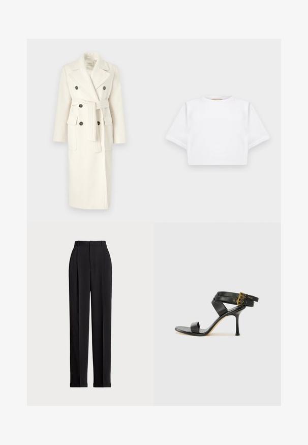 MAX&Co. LAMBRO - Mantel - wollweib; Gemiddelde witte T-shirt gemaakt van zachte stof, met korte mouwen, een ronde halslijn en geribbelde zoomdetails. Eenvoudig en ongecompliceerd ontwerp.; Zwarte op maat gemaakte broek met een hoge taille, voorzien van plooien aan de voorkant, een recht gesneden ontwerp en een omslagrand. Gemaakt van een soepele stof.; Zwarte hoge hak sandaal met gekruiste bandjes en verstelbare gespsluiting. Heeft een gladde textuur en een taps toelopende stilettohak.
