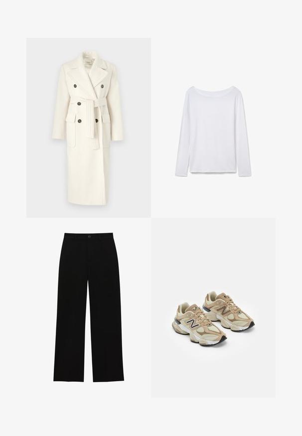 MAX&Co. LAMBRO - Mantel - wollweib; Witte blouse met lange mouwen en een brede halslijn, gemaakt van zachte stof. Soepele textuur, rechte zoom en geen zichtbare hardware of patronen.; Zwarte, hoge taille, wijde broek gemaakt van een gladde stof, met een flatte voorkant, knoopsluiting en geen zichtbare zakken.; Beige sneakers van mesh en nubuck materialen. Bevat een zwart logo en gegrandeerde accenten. Dikke witte tussenzool en zwarte rubberen buitenzool.