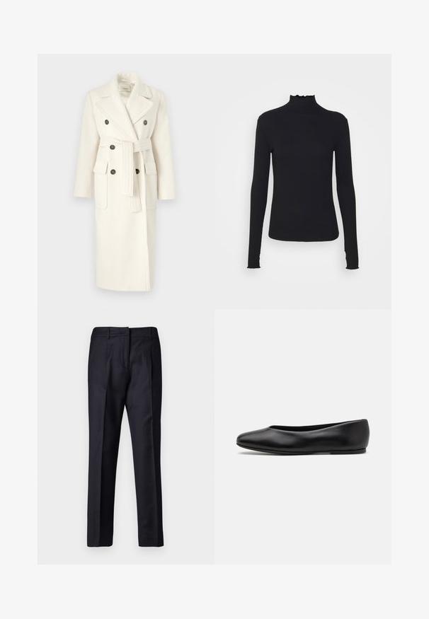 MAX&Co. LAMBRO - Abrigo clásico - wollweib; Top negro de manga larga con cuello alto, hecho de tejido suave, que presenta un cuello con volantes y una silueta ajustada con bordes simples.; Pantalones de corte militar en color marino con una textura suave, que cuentan con un frente plano, doble pliegue y trabillas para cinturón. Corte recto y dobladillo terminado.; Paul Smith TOPANGA - Bailarinas - black