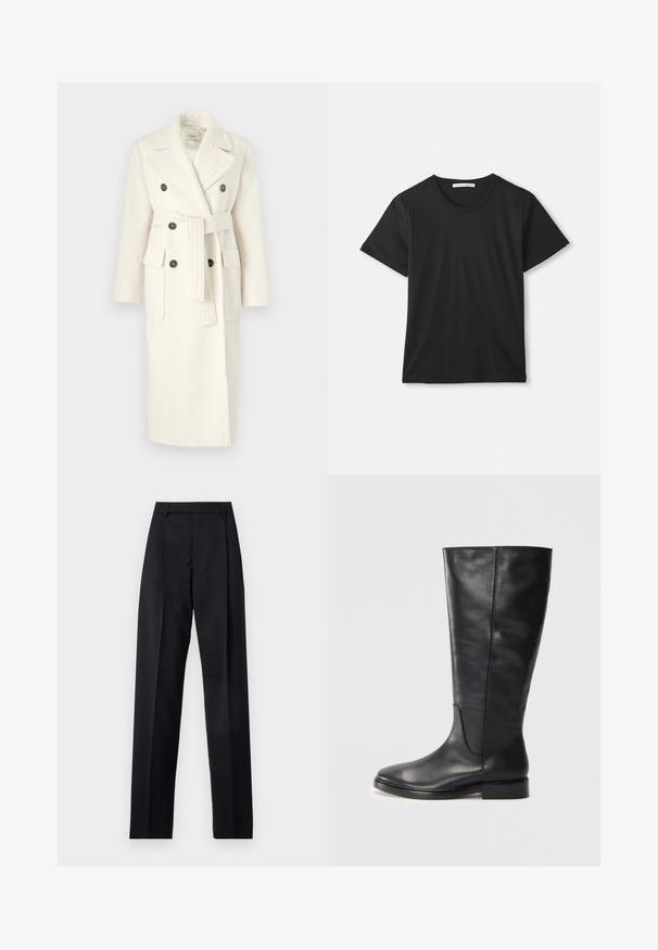 MAX&Co. LAMBRO - Klasični plašč - wollweib; Črna kratka majica s kratkimi rokavi in okroglo ovratnikom iz bombaža, ležijo ravno na belem ozadju, z vidno blagovno oznako znotraj ovratnika.; Črne hlače iz gladkega materiala, ki imajo visok pas, široke noge, sprednje nabore in klasične zanke za pas. Nevidni stranski žepi.; Črne usnjene škornje do kolen z nizko peto in zaobljenim prstom, ki prikazuje šive vzdolž šahta in zgornjega dela.
