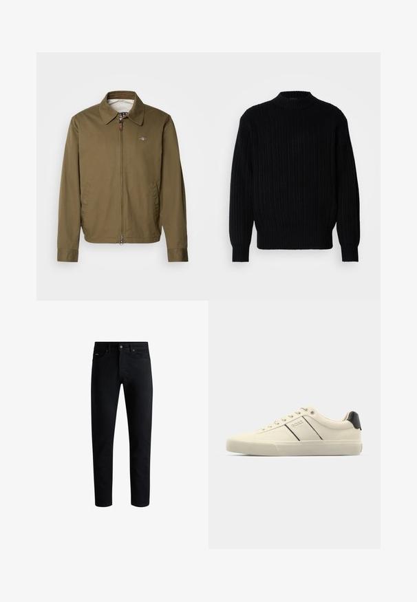 Oliven grønn jakke med spredt krage, frontlomme med glidelås, to sidelommer, og en subtil logo på venstre bryst. Glatt tekstur.; Svart ribbestrikket genser med høy krage, lange ermer og avslappet passform. Stoffet viser et strukturert mønster over hele overflaten.; Sorte slim-fit jeans med fem lommer, knaplukning og bæltestropper, præsenteret mod en hvid baggrund.; Kremfargede joggesko med en glatt overflate, med svarte detaljer og merkevare. K klassisk snøringsdesign med rund tå og gummisåle.