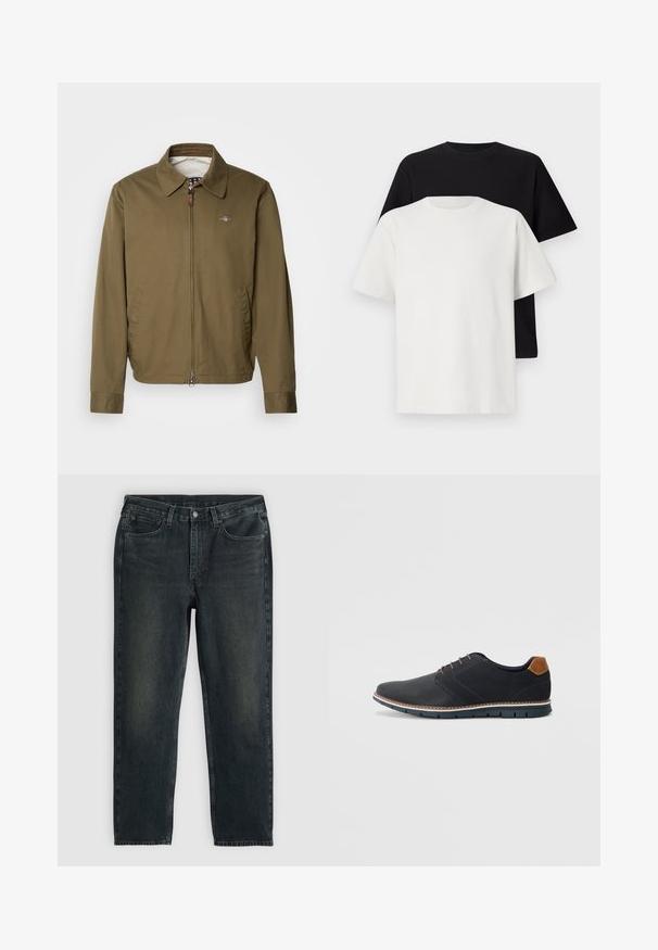 Chaqueta verde oliva con cuello extendido, cierre frontal de cremallera, dos bolsillos laterales y un logo sutil en el lado izquierdo del pecho. Textura suave.; Conjunto de camisetas de algodón que incluye una camiseta negra y una blanca, ambas con mangas cortas, escote redondo y corte estándar. Tejido texturizado.; Vaqueros de mezclilla azul oscuro con un corte recto, que cuentan con cinco bolsillos, una cremallera en la bragueta y costuras en contraste. Ligera decoloración en la tela.; Zapatos sintéticos negros con un upper texturizado, acentos lisos, tacón marrón y una suela en contraste. Presenta un cordón mínimo y detalles de costura.