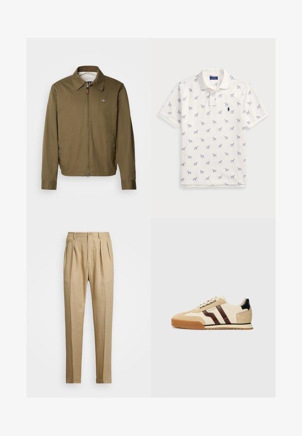 Oliivivihreä takki, jossa on levitetty kaulus, etuvetoketju, kaksi sivutaskua ja huomaamaton logo vasemmassa rinnassa. Sileä pinta.; Valkoinen polo-paita, joka on valmistettu puuvillasta ja jossa on toistuva sininen koirakuosi sekä pieni sininen logo rinnassa. Lyhyet hihat ja kaulus.; Vaaleat pellavahousut suoralinjaisella leikkauksella, joissa on kaksi etukaitaletta, nappikiinnitys ja sivutaskut. Rakenteellinen kangas, jossa on sileä pinta.; GANT BAYLLE - Matalavartiset tennarit - sand