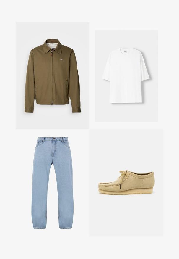 Giacca verde oliva con colletto a risvolto, chiusura frontale con zip, due tasche laterali e un logo discreto sul lato sinistro del petto. Tessuto liscio.; T-shirt bianco a maniche corte realizzato in cotone, con scollatura rotonda e vestibilità rilassata. Texture liscia, senza motivi o dettagli visibili.; Jeans in denim azzurro chiaro con un design a gamba dritta, dotati di quattro tasche, chiusura con zip e dettagli in cucitura dorata.; Scarpa in suede beige con design a lacci, dettagli cuciti e suola in gomma. La forma è casual con un leggero tacco a cuneo.