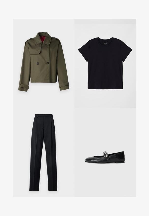 MAX&Co. MOLLA - Summer jacket - khaki; Black short-sleeve t-shirt made of soft cotton. Classic round neck design with a simple, unembellished surface and a relaxed fit.; Black trousers made from smooth fabric featuring a high waist, wide legs, front pleats, and classic belt loops. No side pockets visible.; Black leather ballet flats with a pointed toe, featuring a strap with a circular metallic buckle and a flat sole.