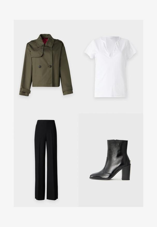 MAX&Co. MOLLA - Nyári dzseki - khaki; Fehér pamut póló rövid ujjakkal, laza szabással és V-nyakkivágással, öt díszgombbal ellátott gombolással.; Fekete, széles szárú nadrág sima tapintással, magas derékkal és középen pliszével. Nincsenek látható minták vagy fém részletek.; Fekete bőr bokacipő sima textúrával, hegyes orral és vastag, magas sarkával. Oldalnyílással és minimalista dizájnnal rendelkezik.