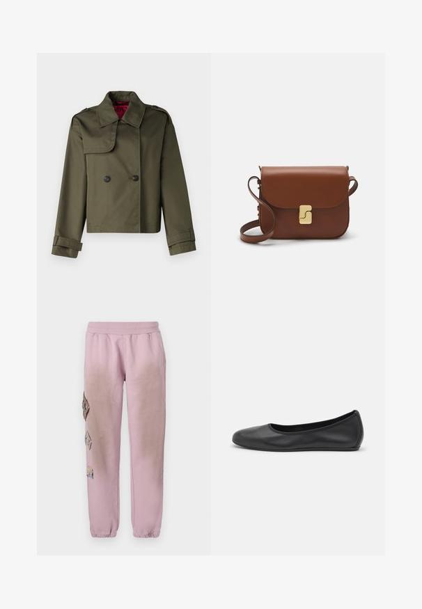 MAX&Co. MOLLA - Summer jacket - khaki; Long-sleeve white T-shirt made of ribbed cotton, featuring a round neckline and a straight hem. Simple design with no patterns or accents.; Pink sweatpants with an elastic waistband, featuring decorative patches in diamond shapes on the left side and elastic cuffs at the ankles.; Black leather ballet flat with a rounded toe, smooth texture, minimal stitching detail, and a flexible sole design.; Brown leather handbag with a flap closure, gold-tone hardware, a shoulder strap, and a smooth texture. Compact rectangular shape.