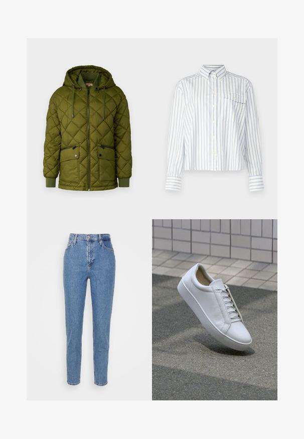 MICHAEL Michael Kors QUILTED LIGHT PADDED JACKET - Winter jacket - evergreen; GANT Button-down blouse - eggshell; Blue high-waisted straight-leg jeans with front button and zipper, belt loops, and pockets, displayed on plain white background.; White leather sneaker with a round toe, flat sole, and six pairs of eyelets. Smooth texture and minimalistic design with stitching details.