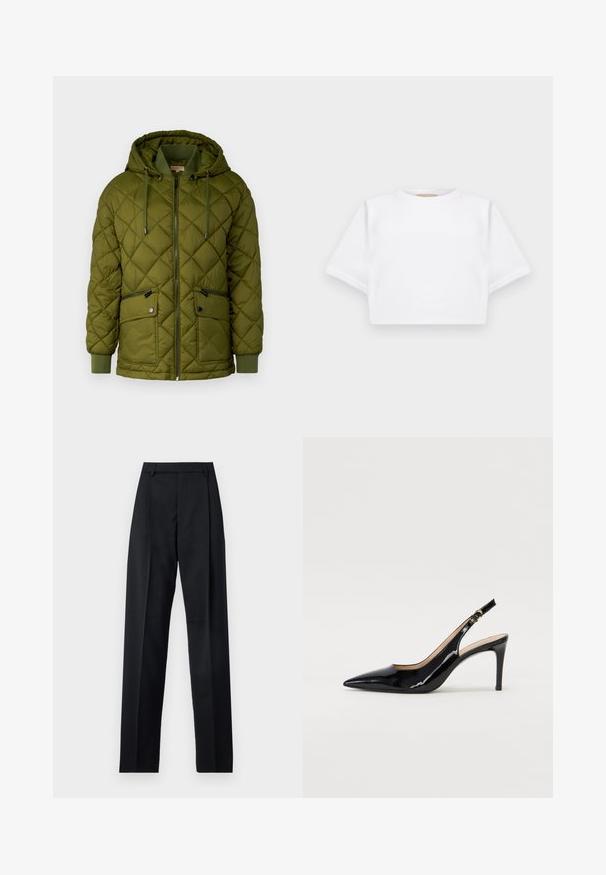 MICHAEL Michael Kors QUILTED LIGHT PADDED JACKET - Jachetă de iarnă - evergreen; Tricou alb scurt dintr-un material moale, cu mâneci scurte, decolteu rotund și detalii ribbrate la margine. Design simplu și fără embellishments.; Pantaloni negri dintr-un material neted, cu talie înaltă, picioare largi, pliuri frontale și loop-uri clasice pentru curea. Fără buzunare laterale vizibile.; Pantofi slingback din piele patent neagră, cu vârful ascuțit, tocul subțire și un design discret cu decupaj. Se evidențiază printr-un cataramă aurie pe curea.