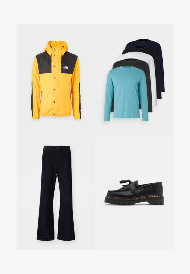 The North Face M SEASONAL MOUNTAIN JACKET - EU - Lauko striukė - summit gold/black; Penki ilgomis rankovėmis marškiniai išdėstyti eilėje: turkio, juodos, baltos, tamsiai pilkos ir tamsiai mėlynos spalvų. Minkšta medžiaga su apvalia apykakle ir standartiniu gaminiu.; Juodos, medvilninės platėjančios kelnės su tradicine juosmeniu, vienu priekyje esantį mygtuką ir kišenėmis šonuose ir gale. Lygus paviršius.; Juodas odinis loaferis su kutais, turintis masyvų juodą pado ir geltonus siūlus palei kraštą. Textūruota danga.