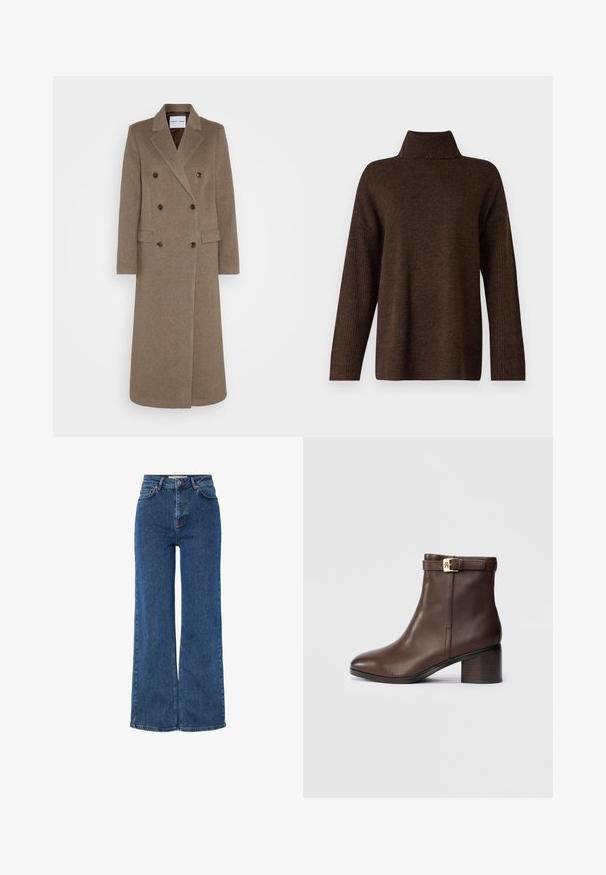 Dobbeltradet brun ullkåpe med spiss revers, to frontlommer og kontrasterende brune knapper. Lengden når til midt på leggen.; Brun strikket genser med høy ribbestrikket krage, vide ermer og en myk tekstur. Har en avslappet passform og ribbestrikkede detaljer på ermene.; Høytlivte blå denimbukser med vide ben, som har tradisjonell fem-lommers design, metallknappelukking og kontraststing.; Brune lær ankle boot med rund tå, lav blokhæl og en dekorativ spænde rem ved anklen. Glat tekstur og elegant design.