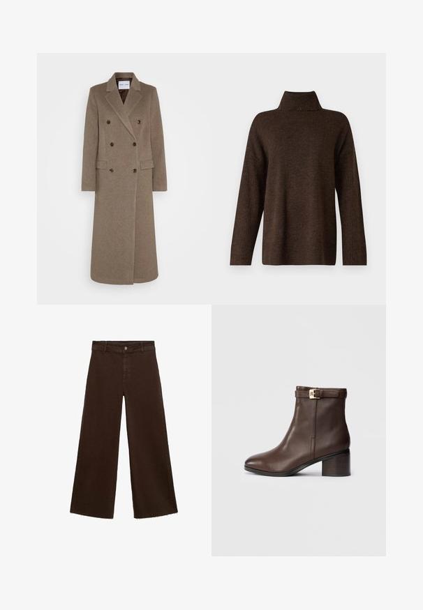 Double-breasted brown wool coat with notched lapels, two front pockets, and contrasting brown buttons. Length reaches mid-calf.; Brown knitted sweater with a high ribbed collar, wide sleeves, and a soft texture. Features a relaxed fit and ribbed accents on the sleeves.; Brown wide-leg trousers in cotton blend, featuring a frayed hem, front button closure, and classic five-pocket design. Minimalistic and versatile.; Brown leather ankle boot with a rounded toe, low block heel, and a decorative buckle strap at the ankle. Smooth texture and sleek design.