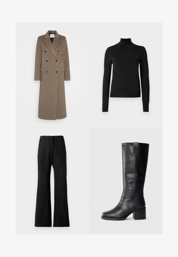 Dvojitě zapínaný hnědý vlněný kabát s klopami, dvěma předními kapsami a kontrastními hnědými knoflíky. Délka kabátu dosahuje do poloviny lýtek.; Černý dlouhý rukáv rolák se žebrovanými manžetami a lemem, vystavený na čistě bílém pozadí.; Černé rozšířené kalhoty z lehkého materiálu s krajkovým lemem po stranách. Strukturovaný pas a elegantní, hladká textura.; Černé kožené kozačky až ke kolenům s hladkým povrchem, čtveratou špičkou, širokým podpatkem a bočním poutkem, se minimalizovanými švy.