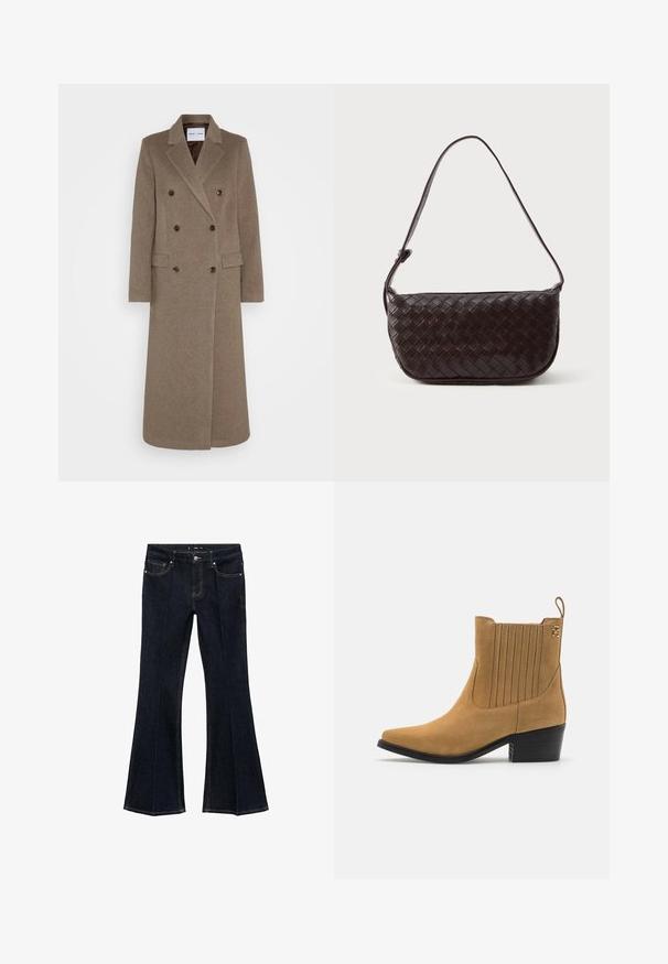 Dubbelzijdige bruine wollen jas met geknipte revers, twee zijzakken en contrasterende bruine knopen. De lengte reikt tot halverwege de kuit.; Grijze cropped turtleneck trui met lange mouwen en geribbelde manchetten, zoom en kraag, weergegeven op een witte achtergrond.; Donkerblauwe denim jeans met hoge taille, voorzakken en wijd uitlopende pijpen, plat weergegeven op een witte achtergrond.; Tan suède enkellaars met een spitse neus, ribbelige zijpanelen en een zwarte blokhak. Voorzien van een trekflap voor gemakkelijk aan- en uittrekken.; Geweven leren schoudertas in donkerbruin met een gebogen vorm, verstelbare schouderband en een gladde afwerking. Compact ontwerp zonder zichtbare hardware.