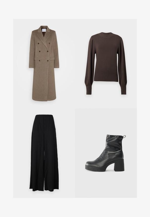 Dobbeltradet brun ullkåpe med spiss revers, to frontlommer og kontrasterende brune knapper. Lengden når til midt på leggen.; Brun strikket genser med høy hals, lange puffede ermer og ribbestrikkede mansjetter. Glatt tekstur med en tettsittende silhuett.; Sorte vide bukser laget av et strukturert stoff, med høy midje med folder og rene kanter for en slank silhuett.; Svarte ankelstøvler laget av glatt lær, med glidelås på siden, chunky strukturert hæl, og rund tå-design.