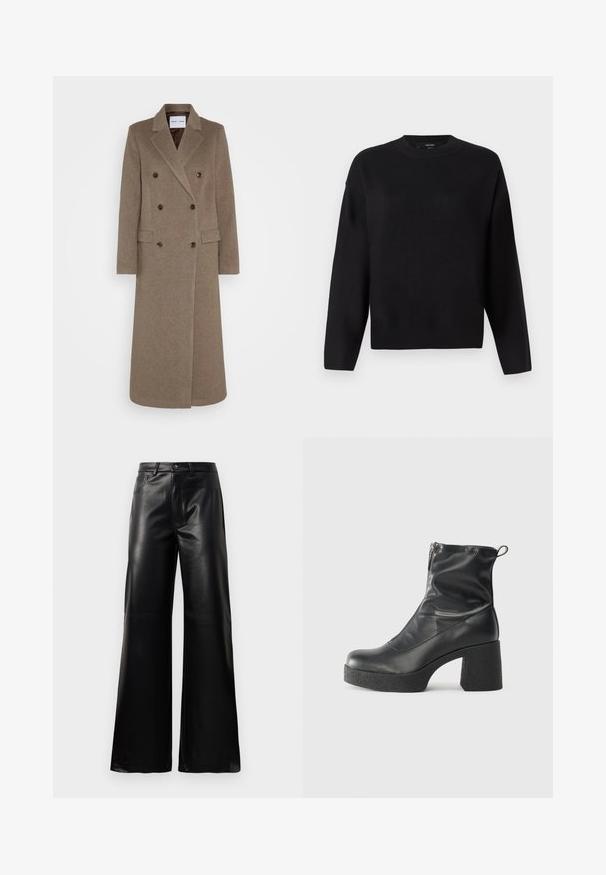 Double-breasted brown wool coat with notched lapels, two front pockets, and contrasting brown buttons. Length reaches mid-calf.; Black knitted sweater with a round neckline, dropped shoulders, and ribbed cuffs. Smooth texture and a relaxed, boxy fit.; Black high-waist wide-leg faux leather pants with front button, zip closure, belt loops, and side pockets on white background.; Black ankle boots made of smooth leather, featuring a side zipper, chunky textured heel, and rounded toe design.