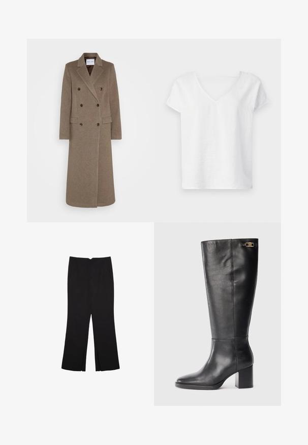 Dvojradový hnedý vlnený kabát s klopami, dvoma prednými vreckami a kontrastnými hnedými gombíkmi. Dĺžka dosahuje po polovicu lýtok.; Biele ľanové tričko s voľným strihom, krátkymi rukávmi a výstrihom do V. Má jemne textúrovaný povrch a bočné rozparky pre pohodlný pohyb.; Čierne nohavice so strihom rovného strihu, s prednými vreckami a bočnými rozparkami na leme. Vyrobené z mäkkej, hladkej tkaniny. Vhodné na rôzne príležitosti.; Čierne kožené vysoké čižmy s blokovým podpätkom, špicatou špičkou a zlatými akcentmi blízko vrchu. Hladká textúra s minimálnym šitím.