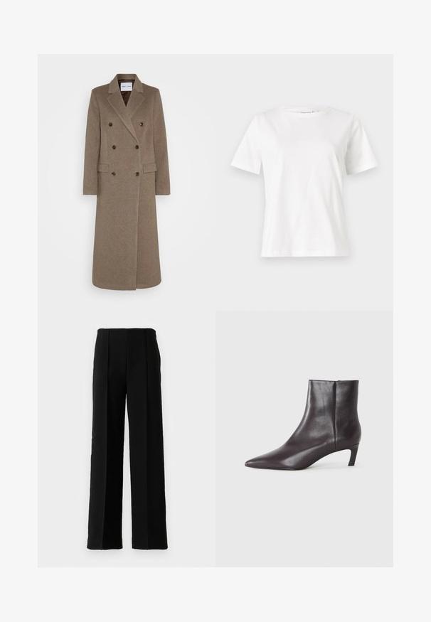Brun uldfrakke med dobbelte knapper og klapkrave, to forlommer og kontrasterende brune knapper. Længden når midt på læggen.; Hvid bomulds t-shirt med korte ærmer, rund halsudskæring og en afslappet pasform. Glat tekstur, ingen mønstre eller accenter, minimalistisk design.; Sorte højtaljede bukser med vidde og frontfolder, præsenteret mod en ensfarvet hvid baggrund.; Sort læder ankelstøvle med spids tå og lav kittenhæl, glat finish, lynlås i siden, vist på en neutral baggrund.