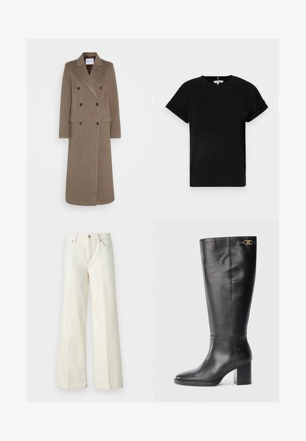 Kaksirivinen ruskea villakangastakki, jossa on viistetyt läpät, kaksi etutaskua ja kontrastoivat ruskeat napit. Pituus ulottuu puoleen sääristä.; Mustapaita, jossa on lyhyet käärityt hihat, keskellä kohokuvioitu logo ja sivussa pieni lipputunnus.; Valkoiset leveät farkut, jotka on valmistettu puuvillasekoitteesta. Ominaisuuksina vetoketjuluukku, viisi taskua ja ompeleet saumoissa.; Musta nahkainen polven yli ulottuva saapas, jossa on paksu korko, terävä kärki ja kultainen yksityiskohta ylhäällä. Sileä pinta, jossa on minimaalinen ompelu.