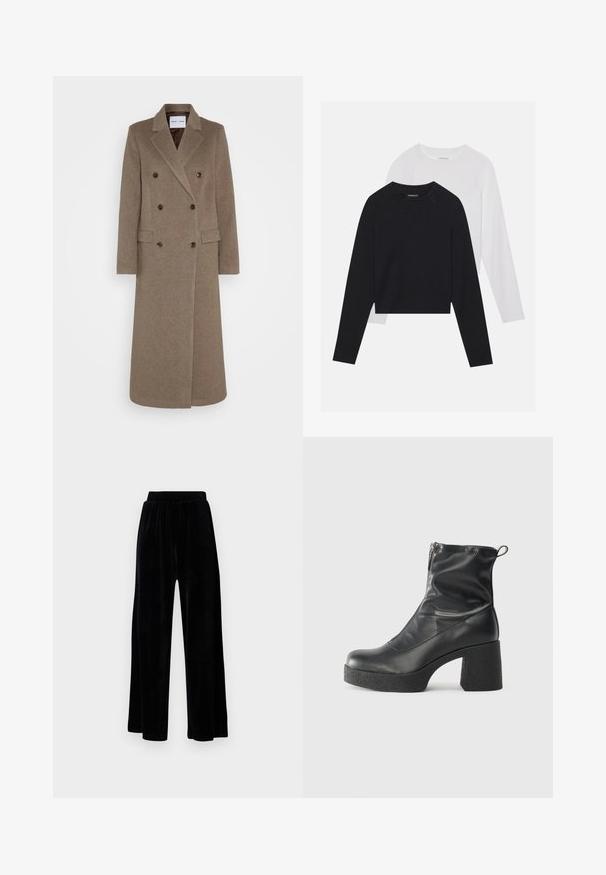 Manteau en laine marron à double boutonnage avec revers crantés, deux poches avant et boutons marron contrastants. Longueur atteignant le mollet.; Deux chemises à manches longues : une noire et une blanche. Les deux présentent un col rond, des manches raglan et un tissu doux en mélange de coton.; Pantalons larges noirs en velours doux, dotés d'une taille élastique et d'une texture lisse, sans détails ni motifs visibles.; Bottes noires à la cheville en cuir lisse, dotées d'une fermeture éclair sur le côté, d'un talon épais texturé et d'une conception à bout rond.